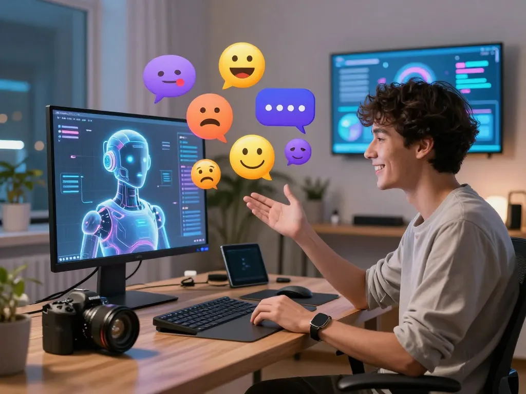 Interactive scene featuring a person engaging with a spicy AI companion in a futuristic workspace.