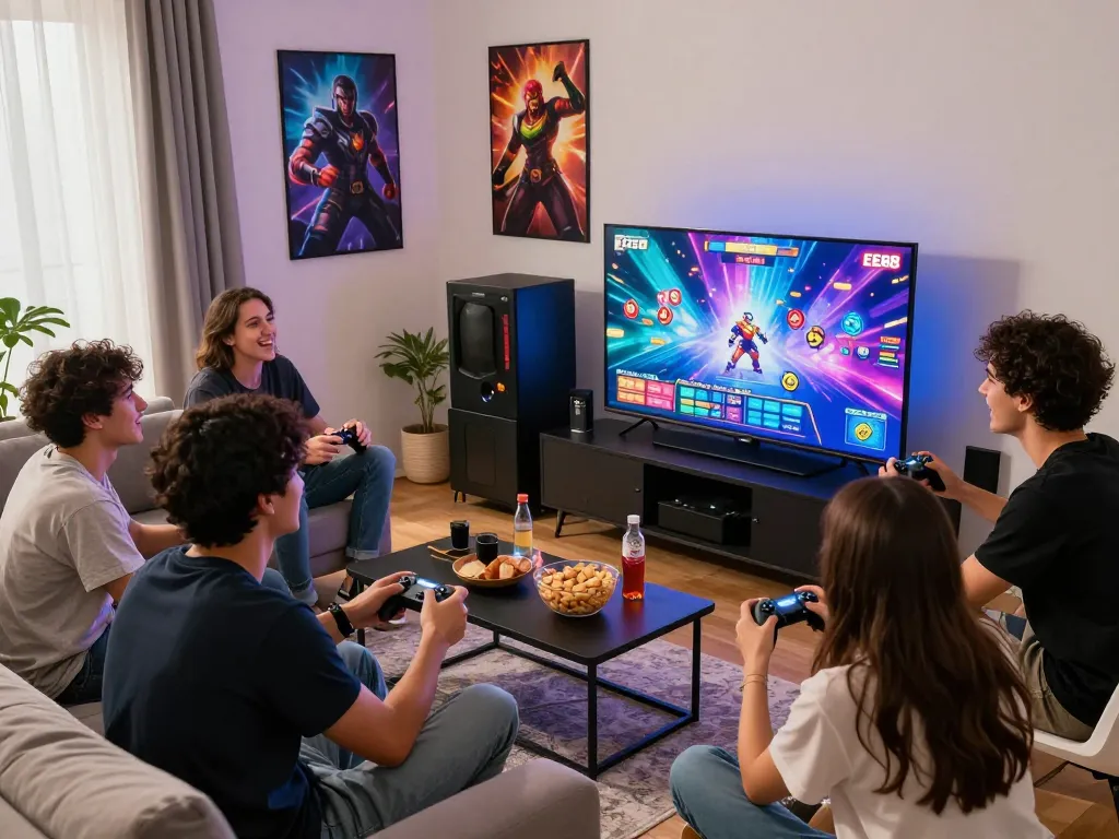 Exciting friends engaging in gaming session with EE88's colorful slot games in a modern living room atmosphere.