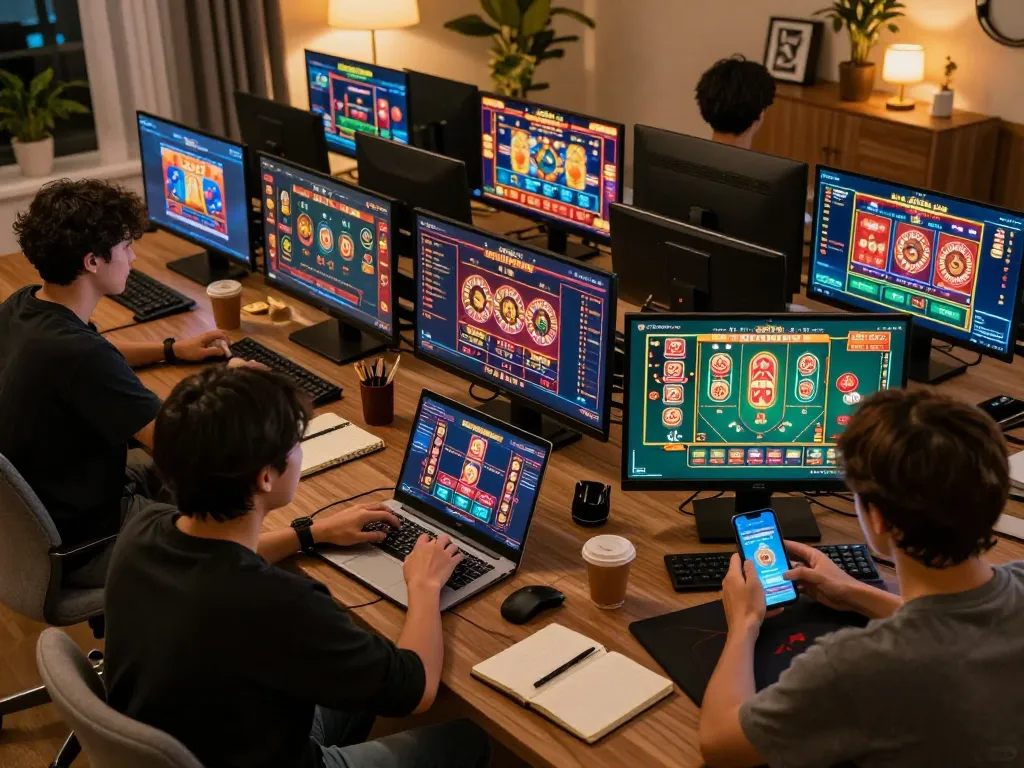 Players strategizing and placing bets on 789WIN's platform while enjoying online casino gaming experience