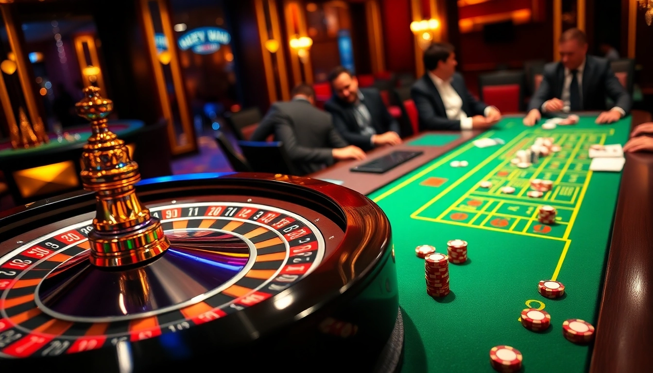 Cheerful gamblers playing at a luxury casino, highlighting 8DAY excitement with vibrant roulette and poker elements.