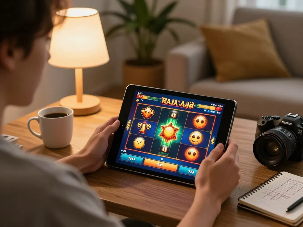 Player enjoying raja slot game on tablet in cozy home setting.