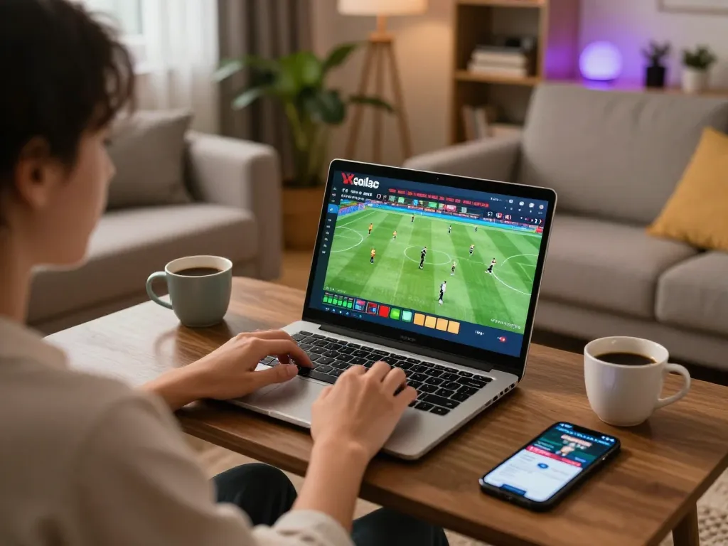 Xoilac user enjoying live football streaming on laptop with cozy home setup and betting app visible.