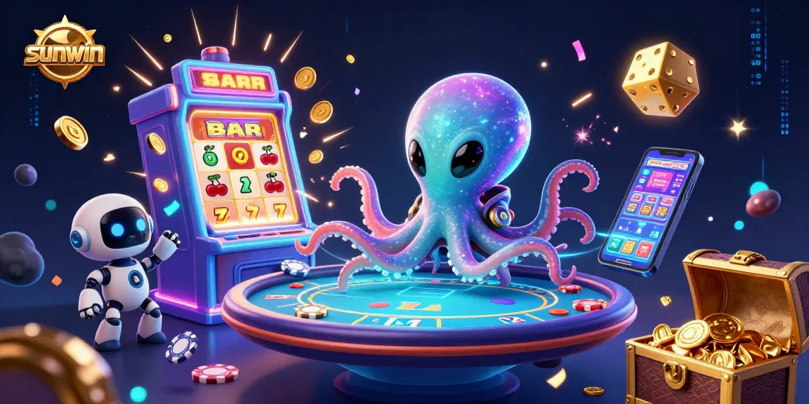 Play exciting poker with sunwin in a vibrant scene featuring an alien octopus and casino elements.