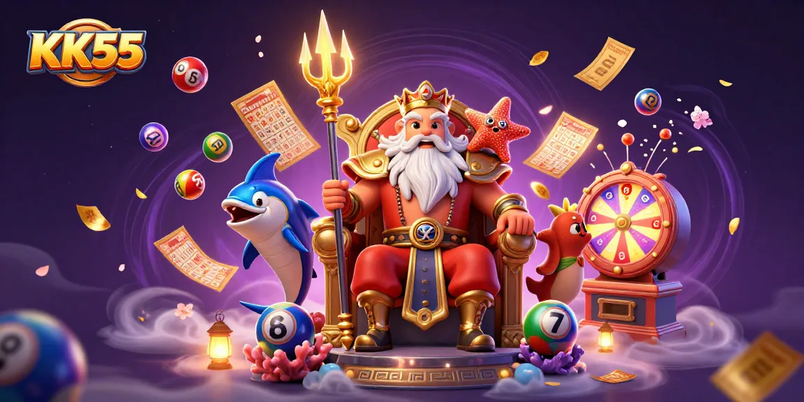Experience the excitement of KK55 with Neptune and vibrant casino elements in this dynamic illustration.