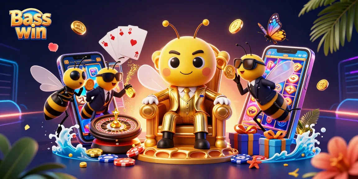 Basswin showcases a vibrant online casino scene with a bumblebee mob boss, emphasizing dynamic gaming action.
