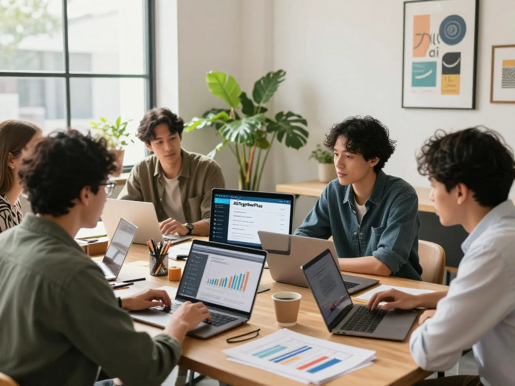 Entrepreneurs discussing starrtups services in a vibrant co-working space.