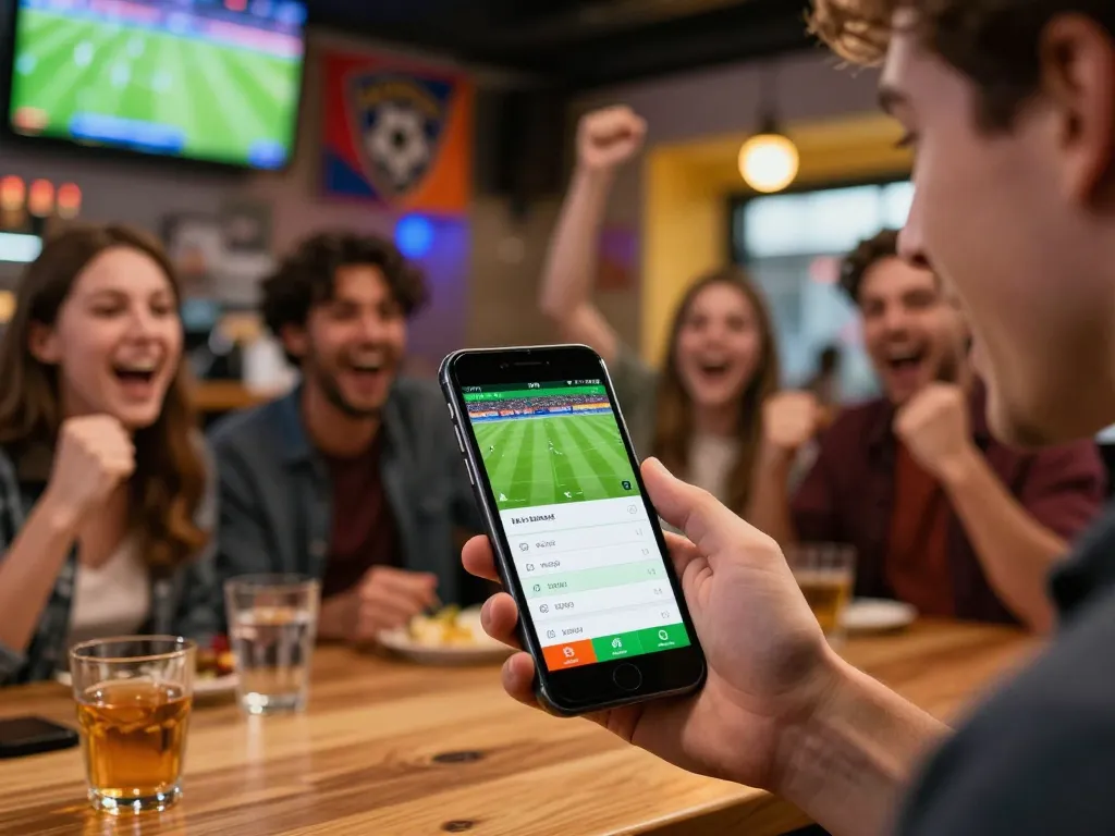 1gom user actively placing bets on a sports app during a live football match, showcasing the excitement of sports betting.