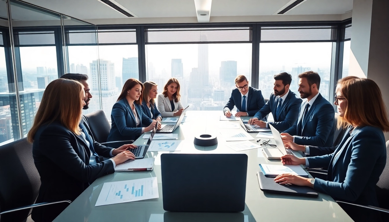 Mergers and acquisitions in the US, showcasing a professional law team discussing strategic business terms in a modern conference room.