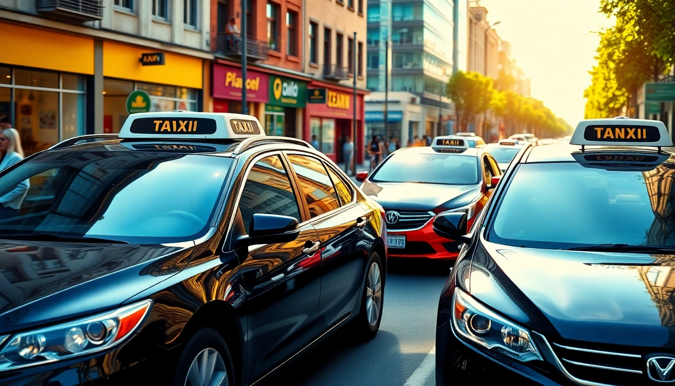 Cabs driving through a lively city street under bright sunlight.