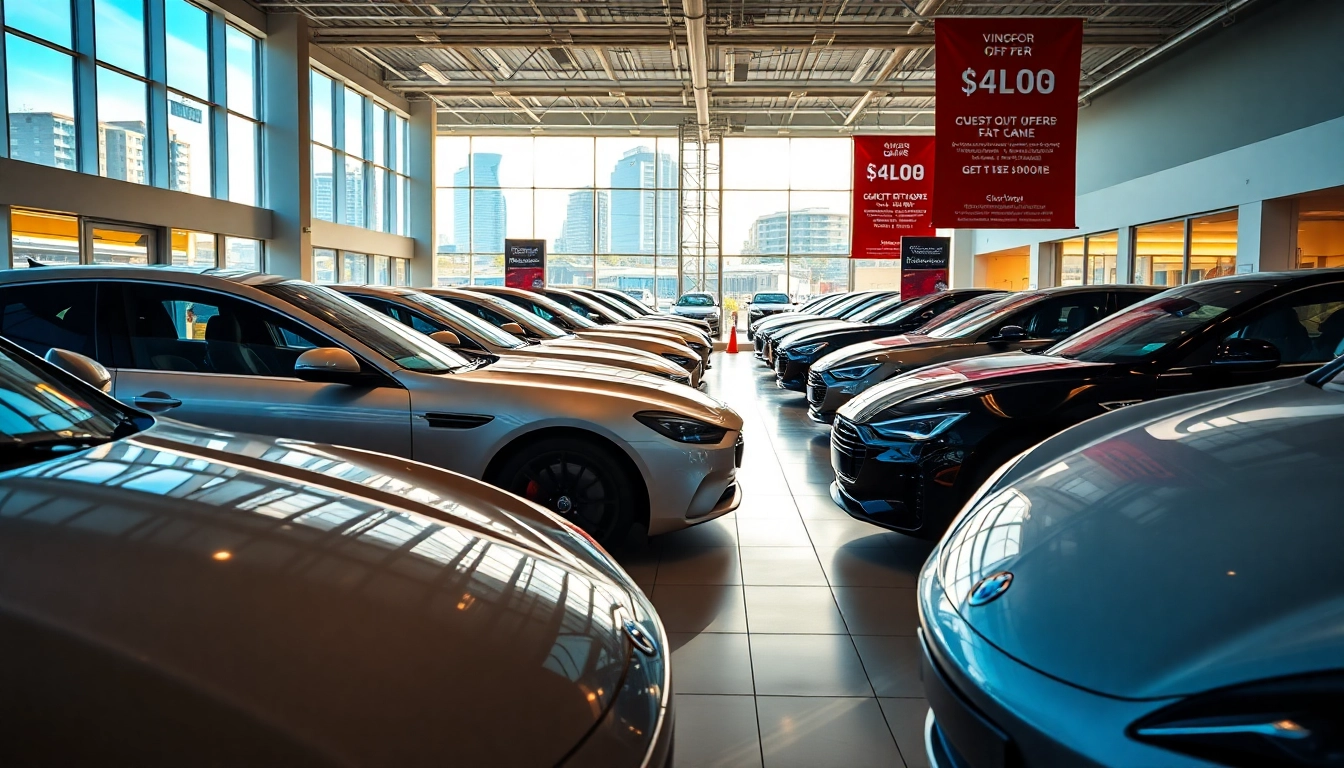 Showcasing luxury cars in Windsor with a vibrant city background and bright lighting.