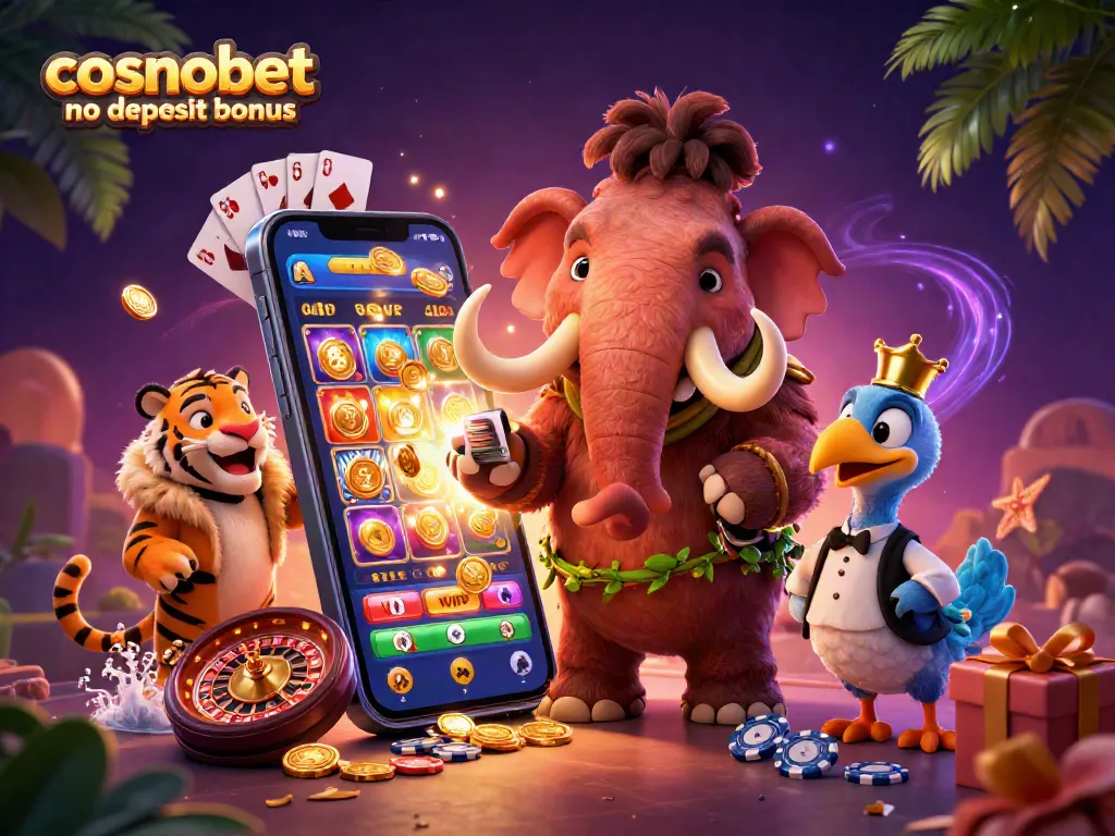 Experience the excitement of the cosmobet no deposit bonus with a vibrant casino scene featuring a mammoth bouncer and tiger VIP.