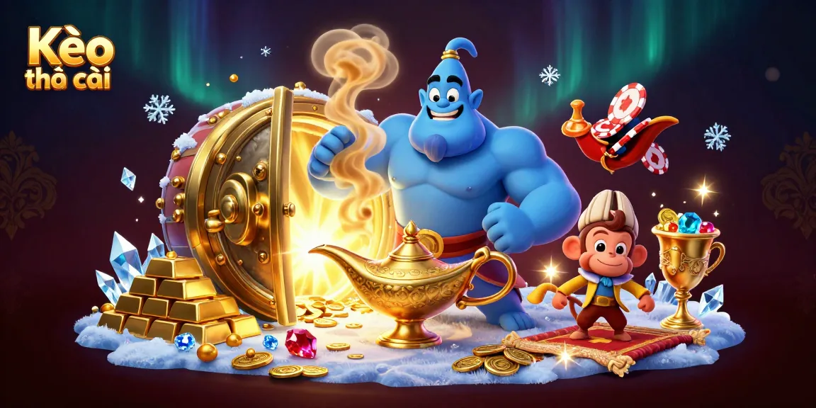 Engage with Kèo nhà cái in a vibrant casino scene featuring a blue genie, monkey, and poker elements.