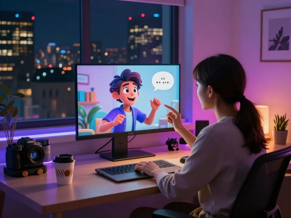 User enjoying an engaging crush on ai conversation with a vibrant avatar in a cozy modern home office setting.