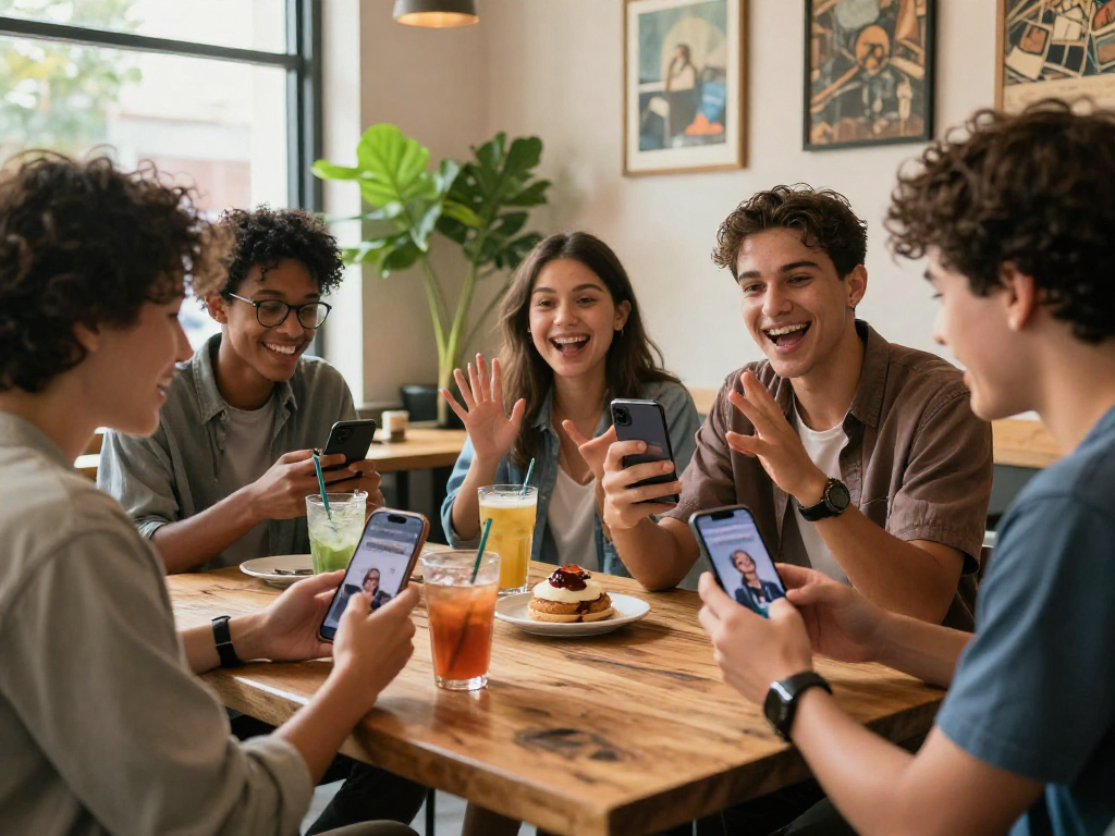 Engaged young adults using spicychat app in vibrant cafe setting.