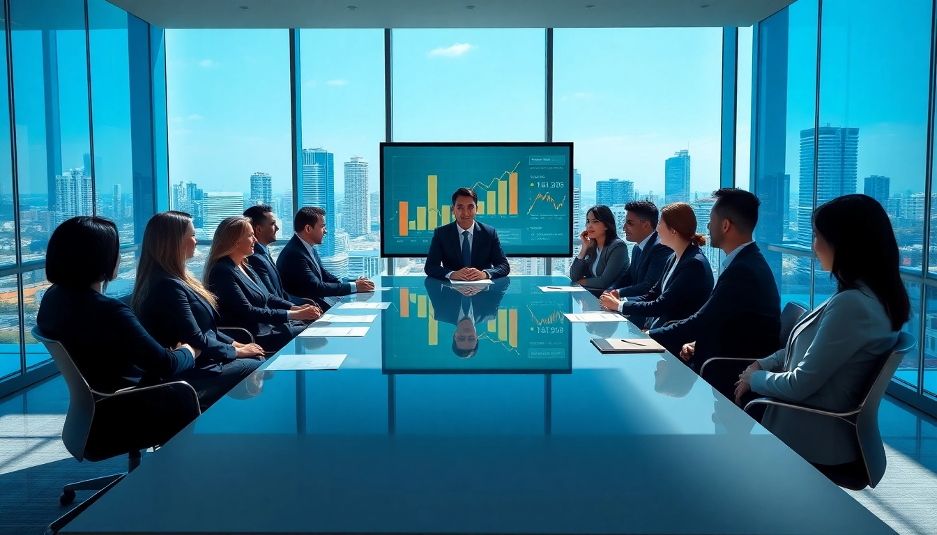 Mergers and acquisitions in the US depicted in a professional Miami meeting setting with charts and diverse lawyers.
