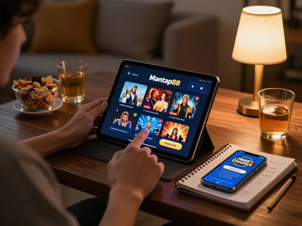 Mantap88 - Best Link Free Credit Casino user engaging with online gambling on tablet in cozy setting