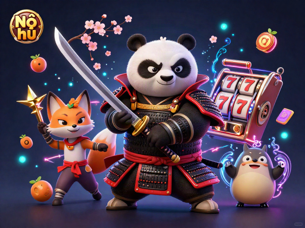 Nổ hũ slot gaming scene with samurai panda and ninja fox characters surrounded by colorful casino elements.