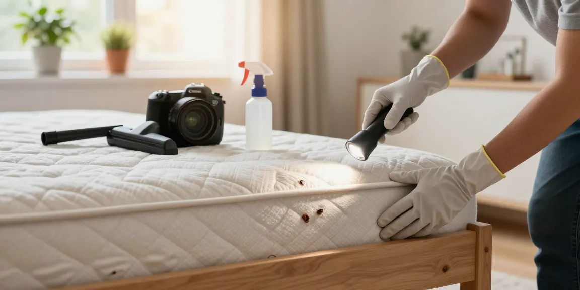 Inspecting bed and furniture for bed bug treatment in a bright bedroom.