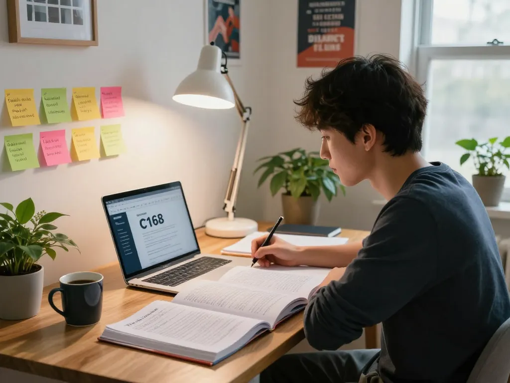 Focused student studying C168 concepts in a cozy home office setting.
