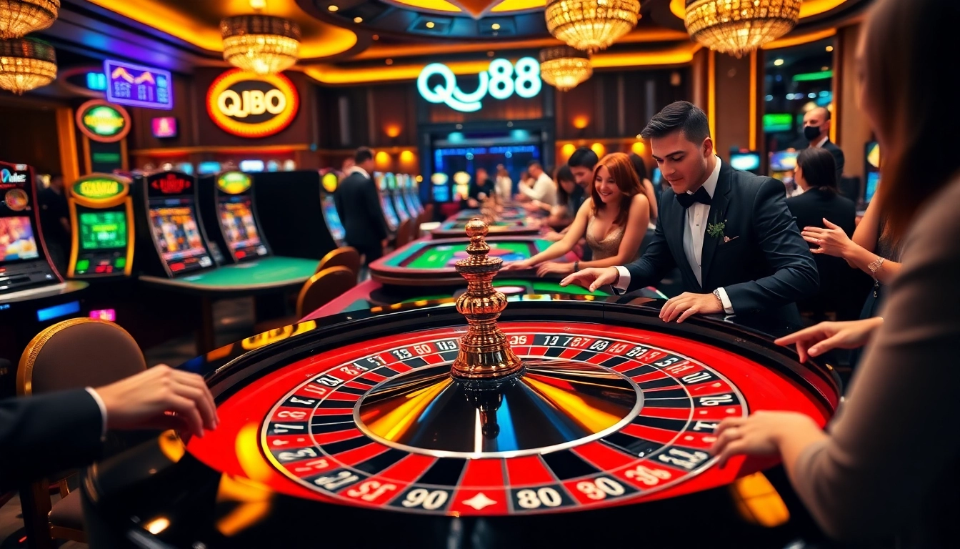 A thrilling moment at QQ88 casino with players engaged at the roulette table, embodying excitement and luxury.