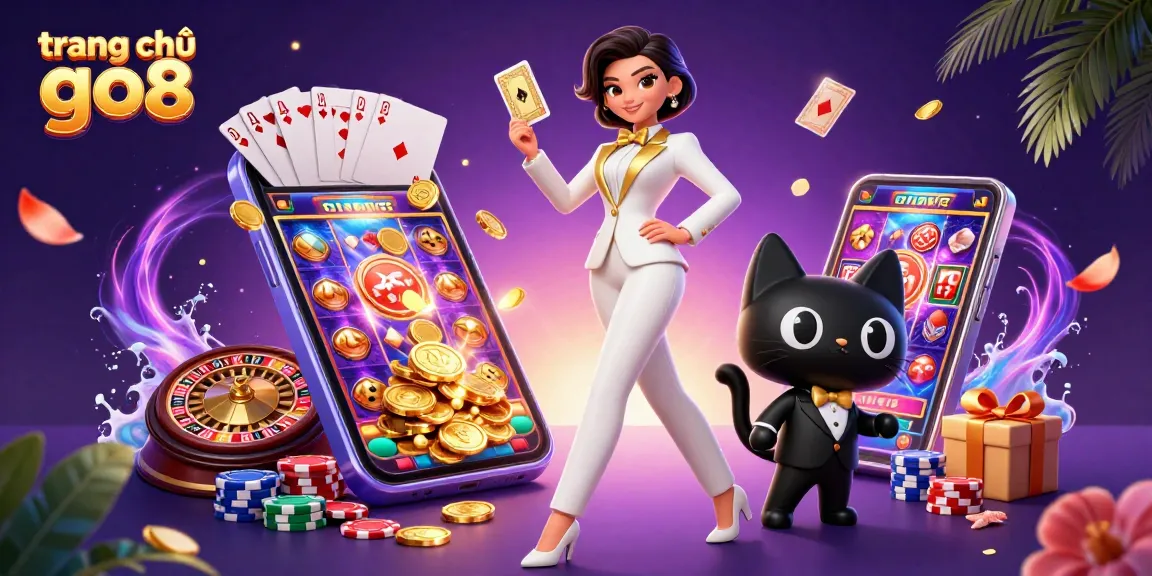 Engage in thrilling games at trang chủ go8, showcasing a glamorous dealer with poker chips and rich casino elements.