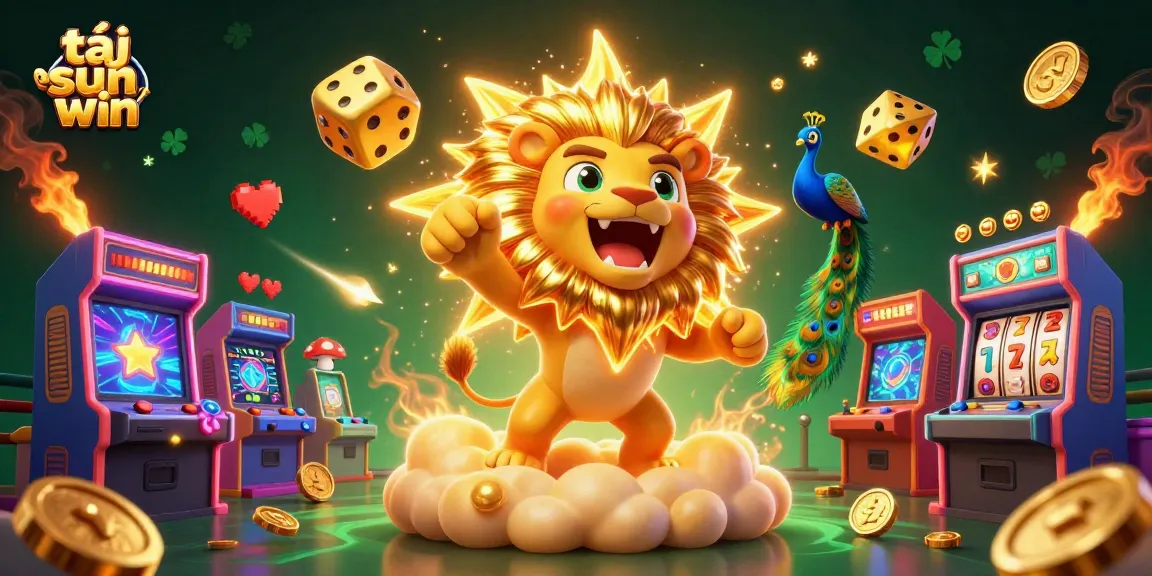Play exciting casino games and tải sun win, featuring a roaring sun lion and vibrant 3D elements.