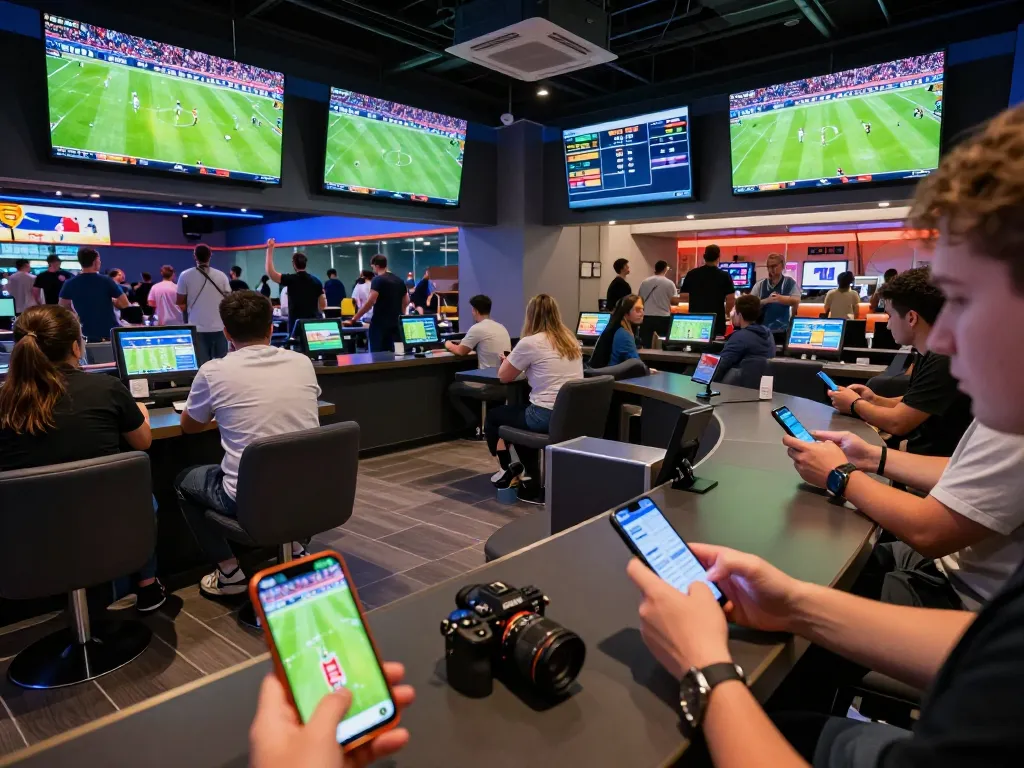 Fans placing bets on trang cá độ bóng đá using smartphones in a vibrant sports lounge
