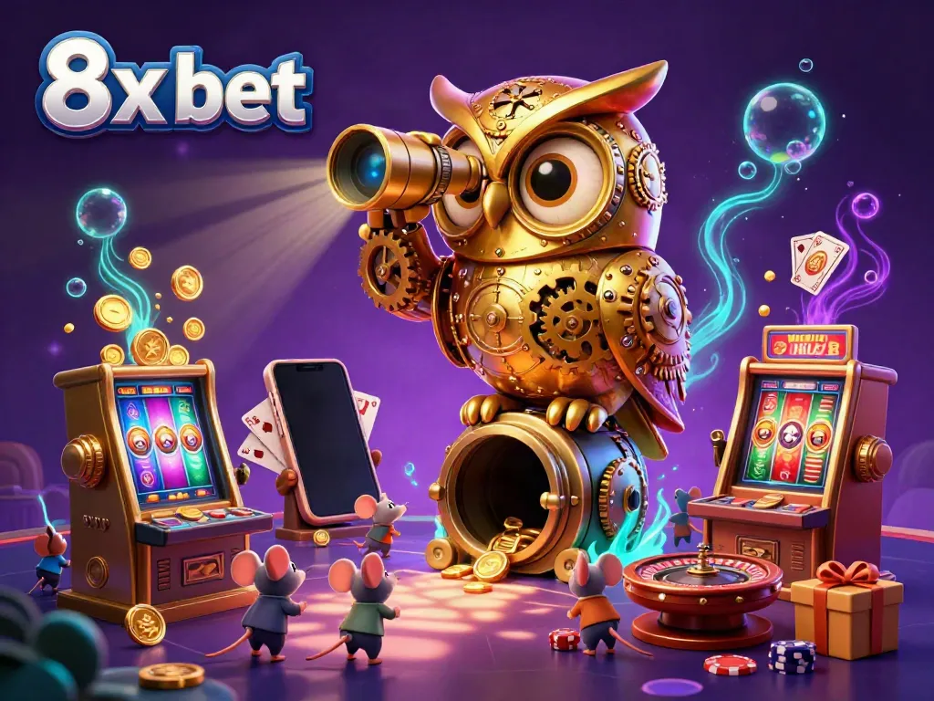 Experience the thrill of gambling in this vibrant scene featuring 8x bet with a golden owl and lively casino elements.