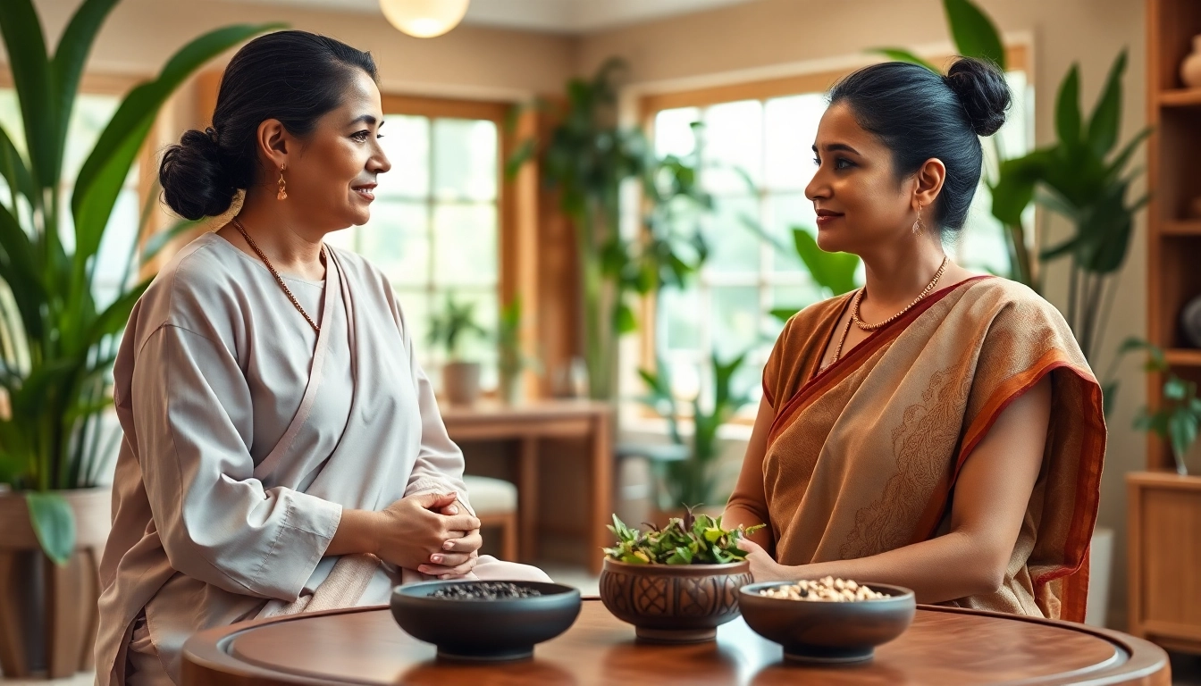 Engaging Ayurveda Consultation between a practitioner and a patient in a serene clinic environment.