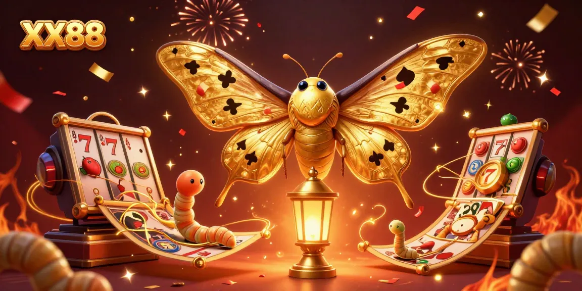 Engage with the stunning XX88 casino scene featuring golden moths and dynamic slot elements