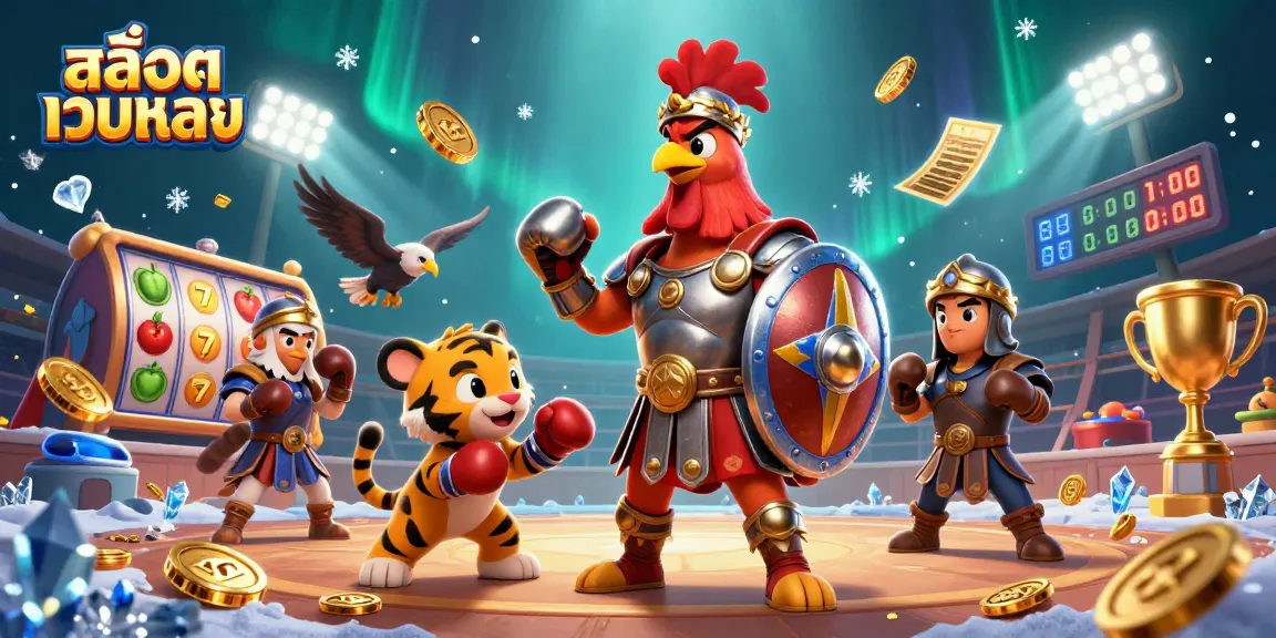 Engage with สล็อตเว็บตรง in an ultra-detailed 3D scene featuring a rooster gladiator, tiger cub, and slot elements.