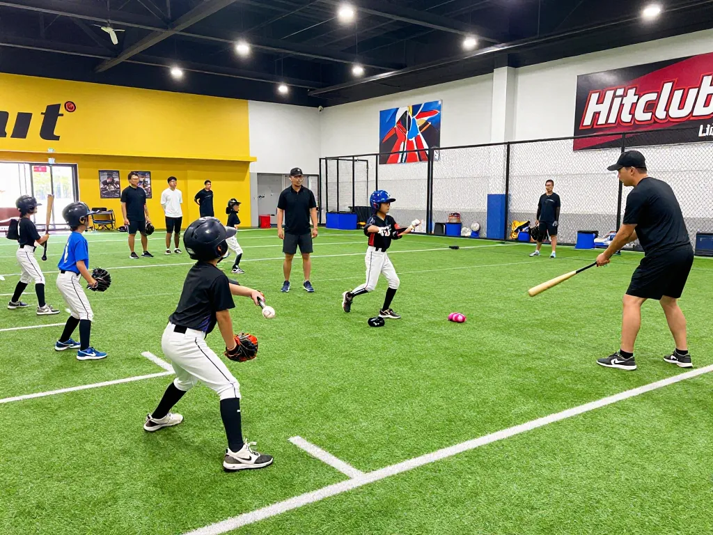 Hitclub baseball training session showcasing young athletes practicing with coaches in a vibrant indoor facility.