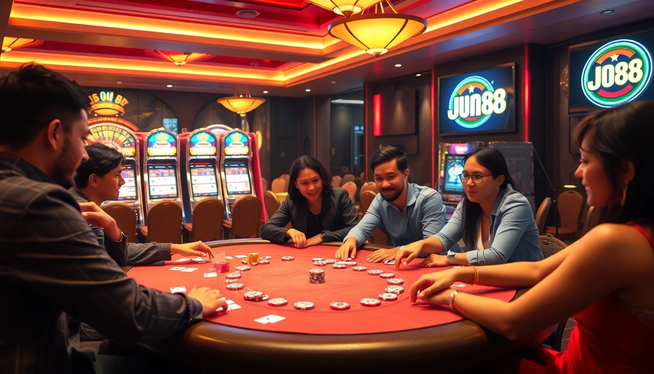 Engaged players enjoying a thrilling poker game at Jun 88 casino, full of excitement and luxury.