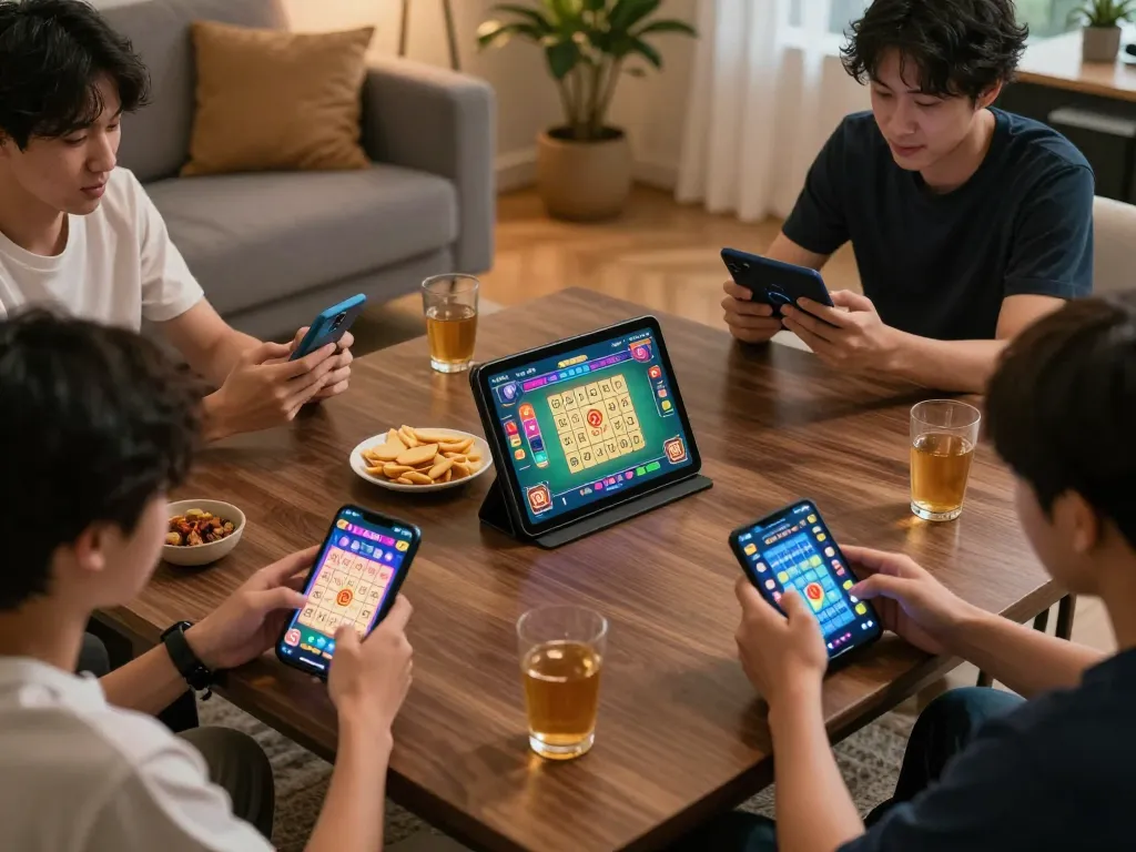Xóc đĩa players engaging with vibrant game graphics on their smartphones in a relaxed home setting