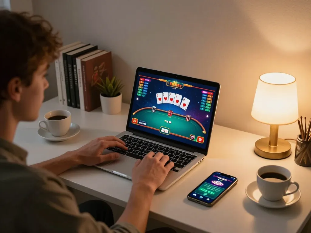 Player engaging in a thrilling online poker game using the G28 platform from their cozy home setup.