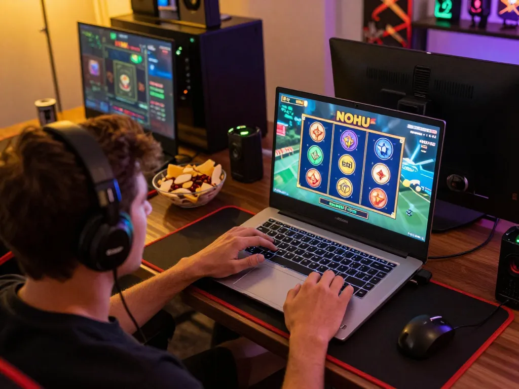 Engaging in a thrilling NOHU online gaming session, showcasing vibrant slot visuals and strategic gameplay