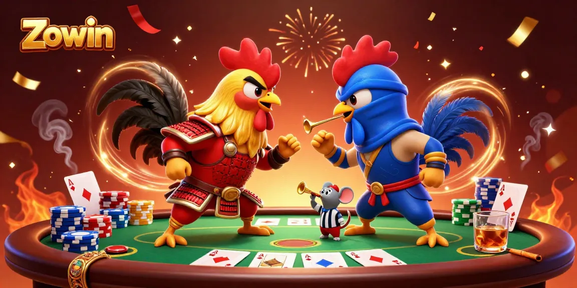 Zowin enhances gaming excitement with dramatic rooster duel amid casino elements.