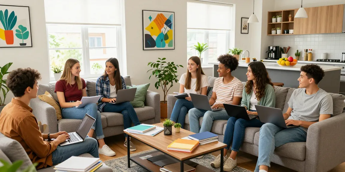 Students enjoying their time in comfortable student housing Northampton, showcasing modern décor and collaborative study space.