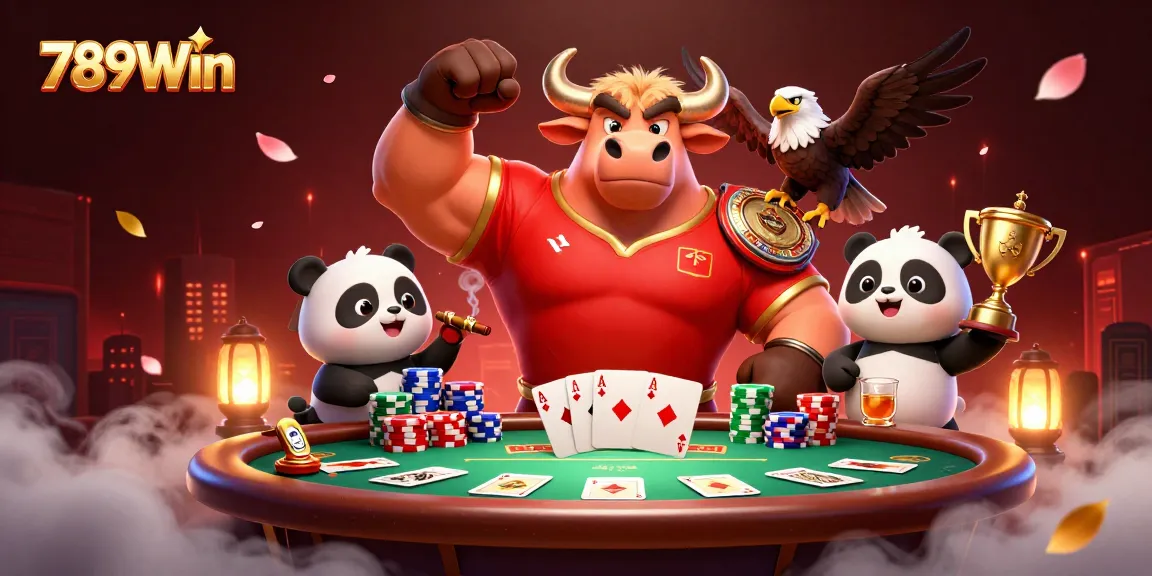 Play your favorite games with 789Win, featuring vibrant characters and poker elements in a dynamic casino scene.