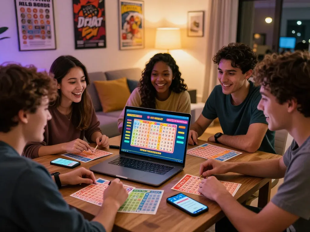 Group enjoying online lottery gaming together at significance.uk.com, showcasing engaged players and colorful lottery tickets.