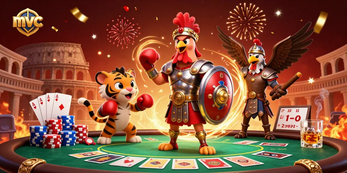 Experience thrilling gameplay at mvc with a cartoon gladiator rooster amidst poker tables, celebrating victories.