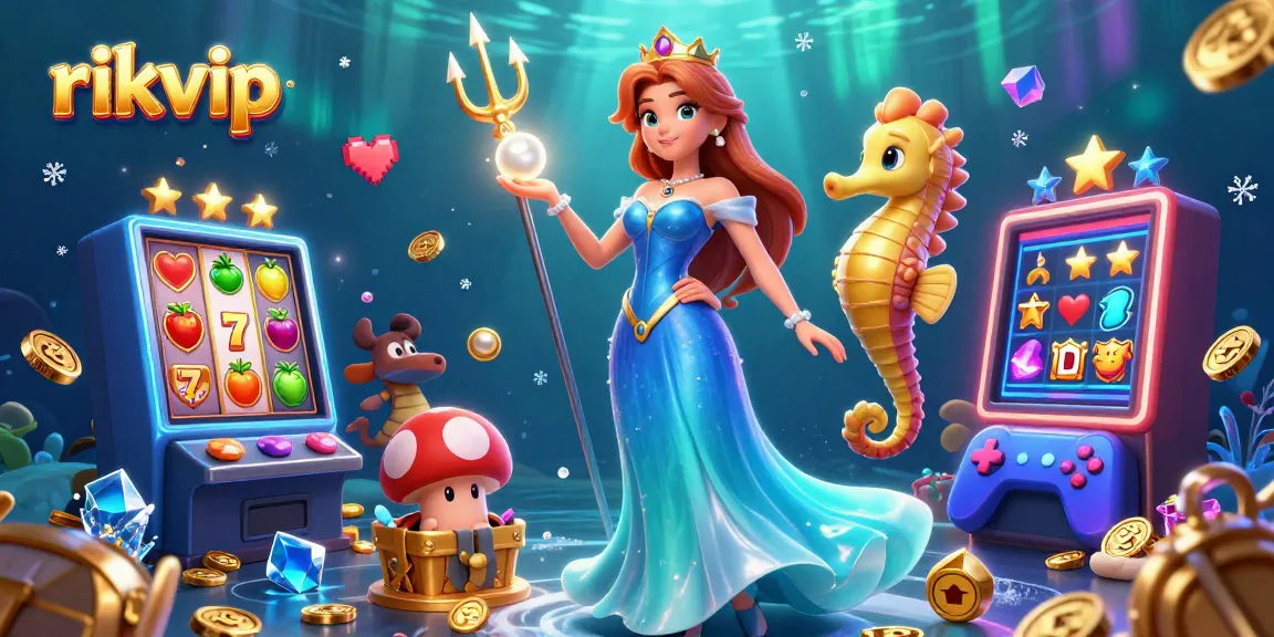 Win big with rikvip - a vibrant 3D casino scene featuring slot machines and underwater treasures.