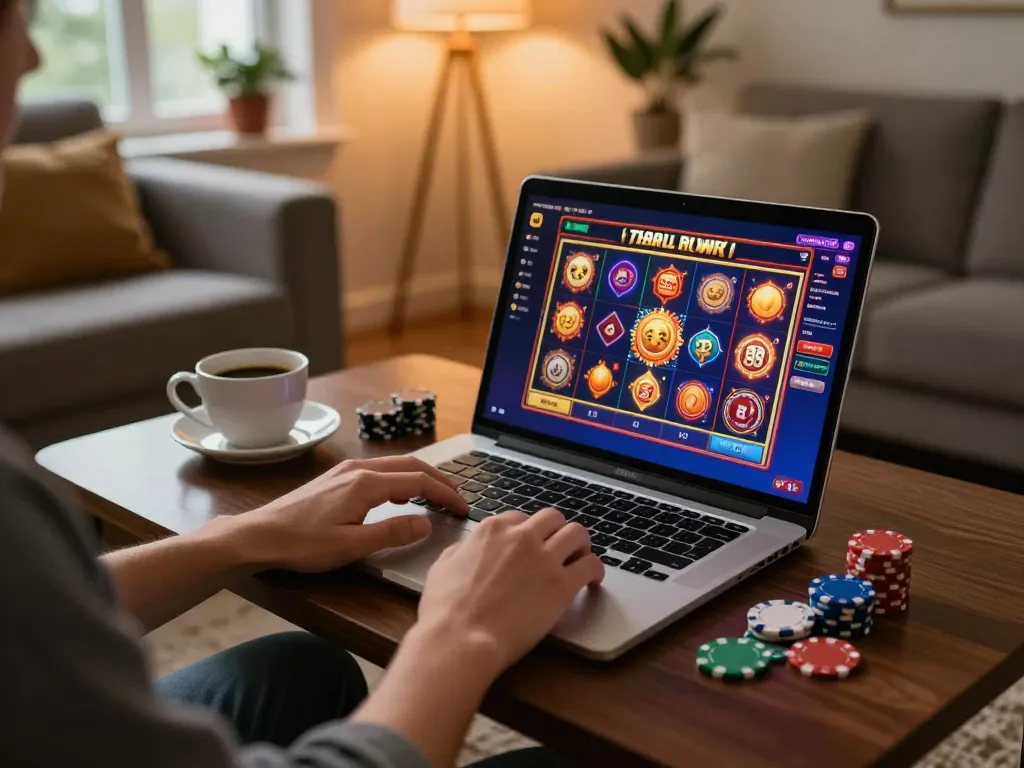 Engaging online gaming experience with 789WIN slot game displayed on a laptop in cozy home setting.