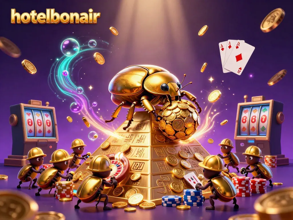 Experience excitement at hotelbonair with golden beetles rolling coins in a vibrant casino-themed scene.