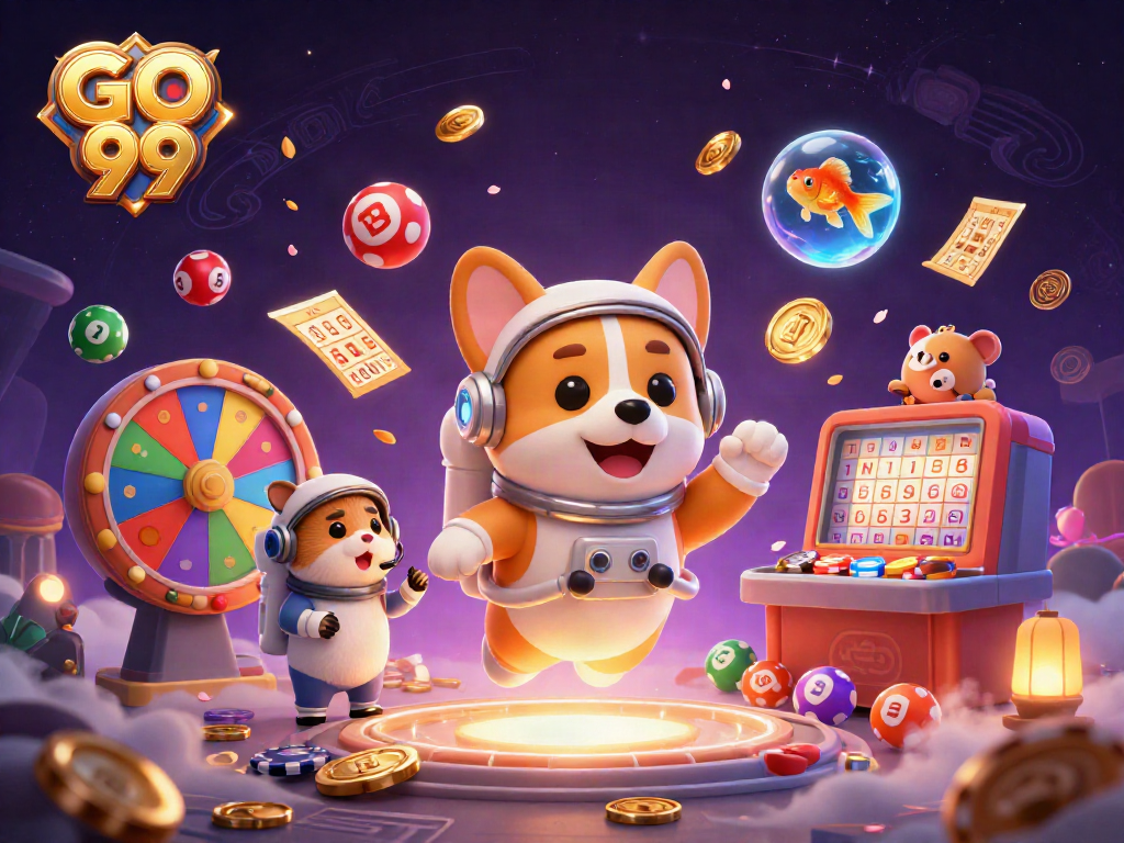 Experience GO 99 casino fun with a playful astronaut corgi and floating lottery magic!