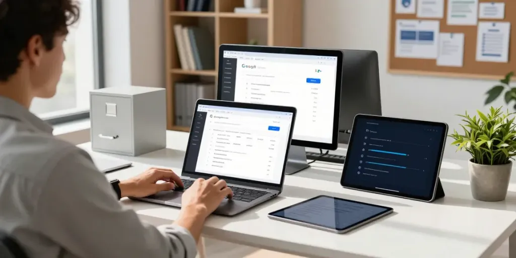 Analyzing what Google did to me at a modern workspace with digital devices and privacy elements.