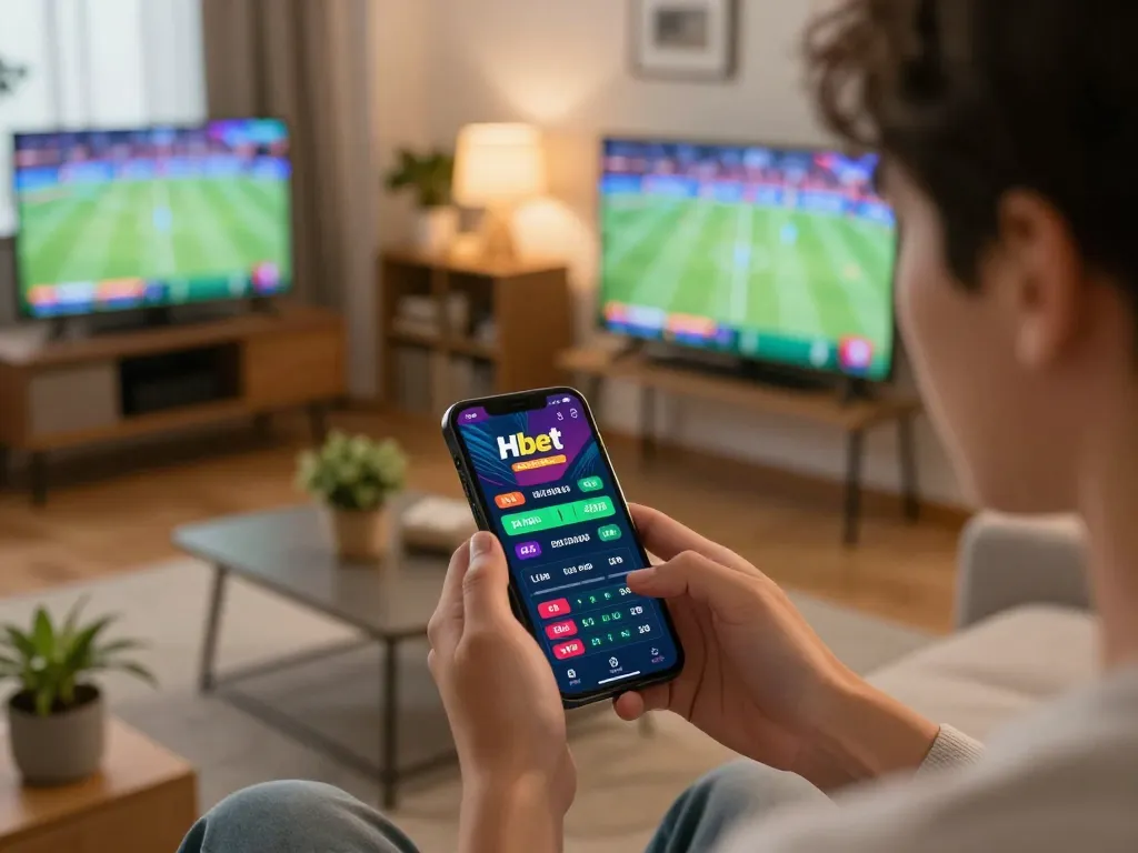 Player engages with betting strategies on the Hbet app in a cozy living room.