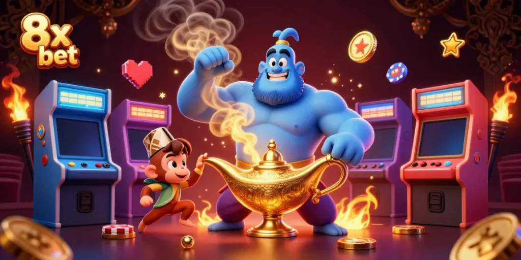 Engage with the thrill of 8x bet featuring a muscular blue genie and casino elements in a vibrant scene.
