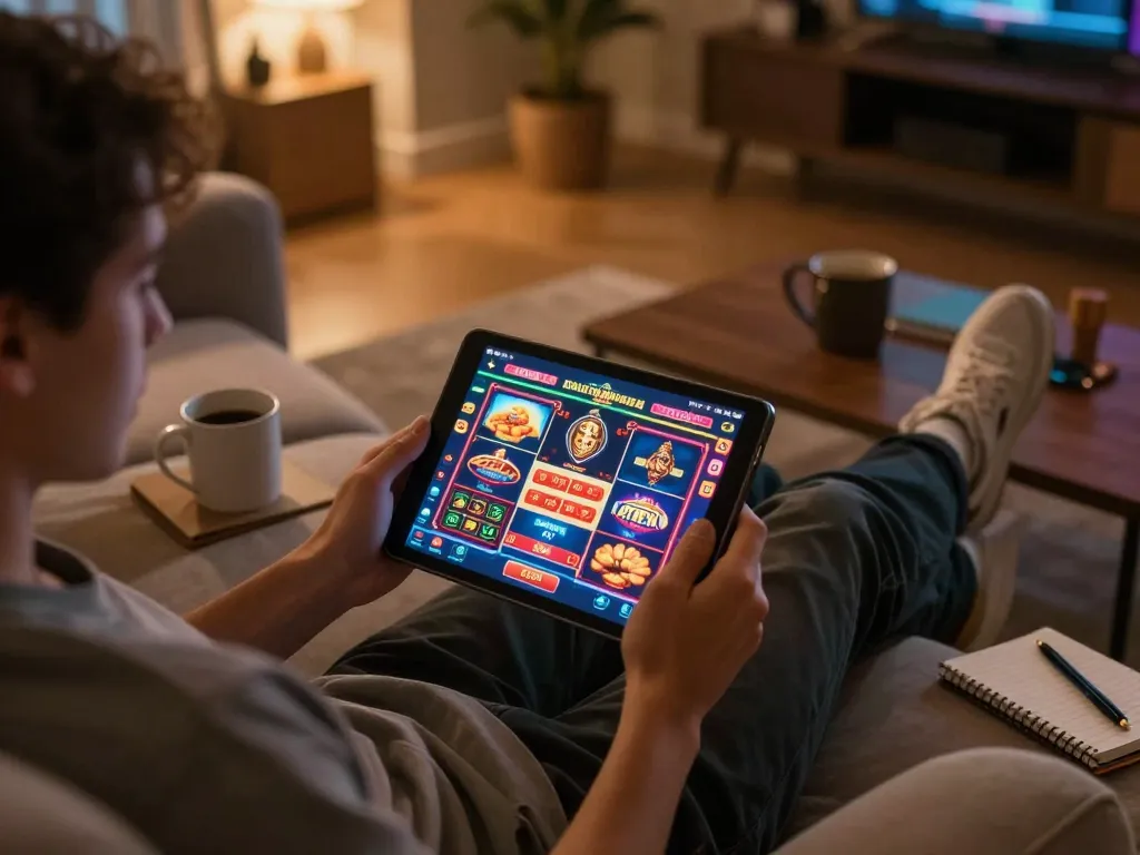 Engage in strategic online casino gaming while đăng ký ATQ on a tablet in a cozy living room.