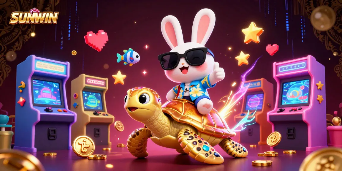 SUNWIN engagingly celebrates online gaming with a cartoon lucky rabbit and golden sea turtle in a vibrant casino setting.